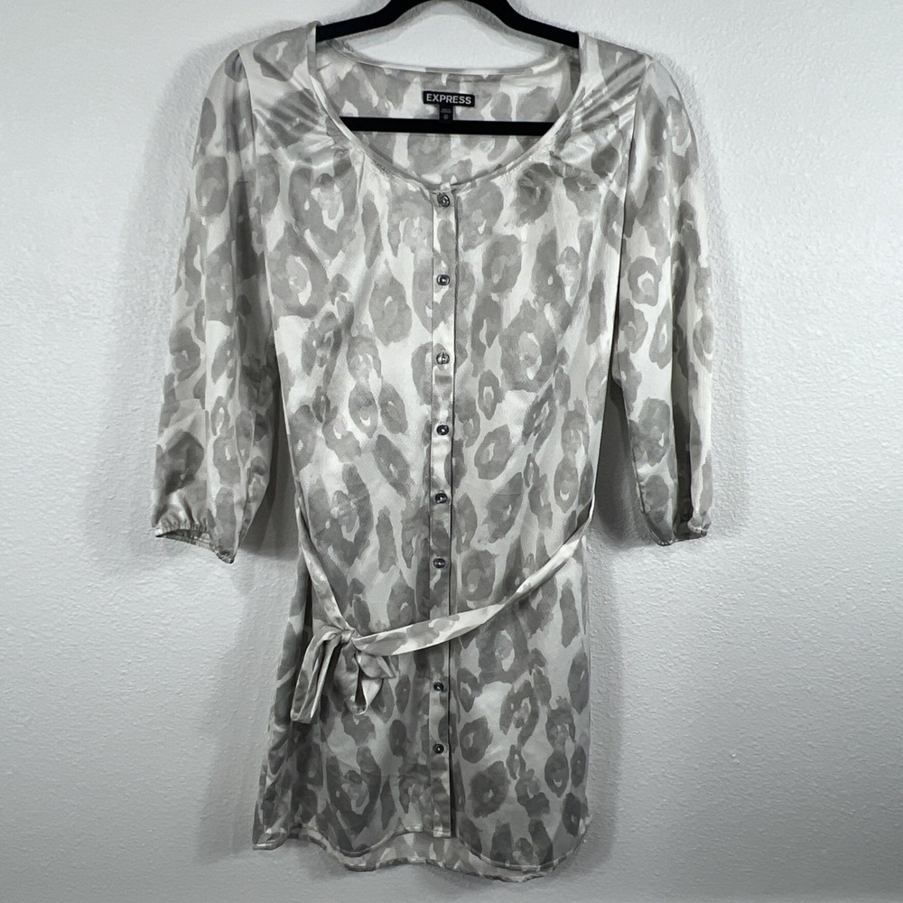 Express Tunic Dress Womens XS Gray White Leopard Print Button Up Belted Y2K‎
